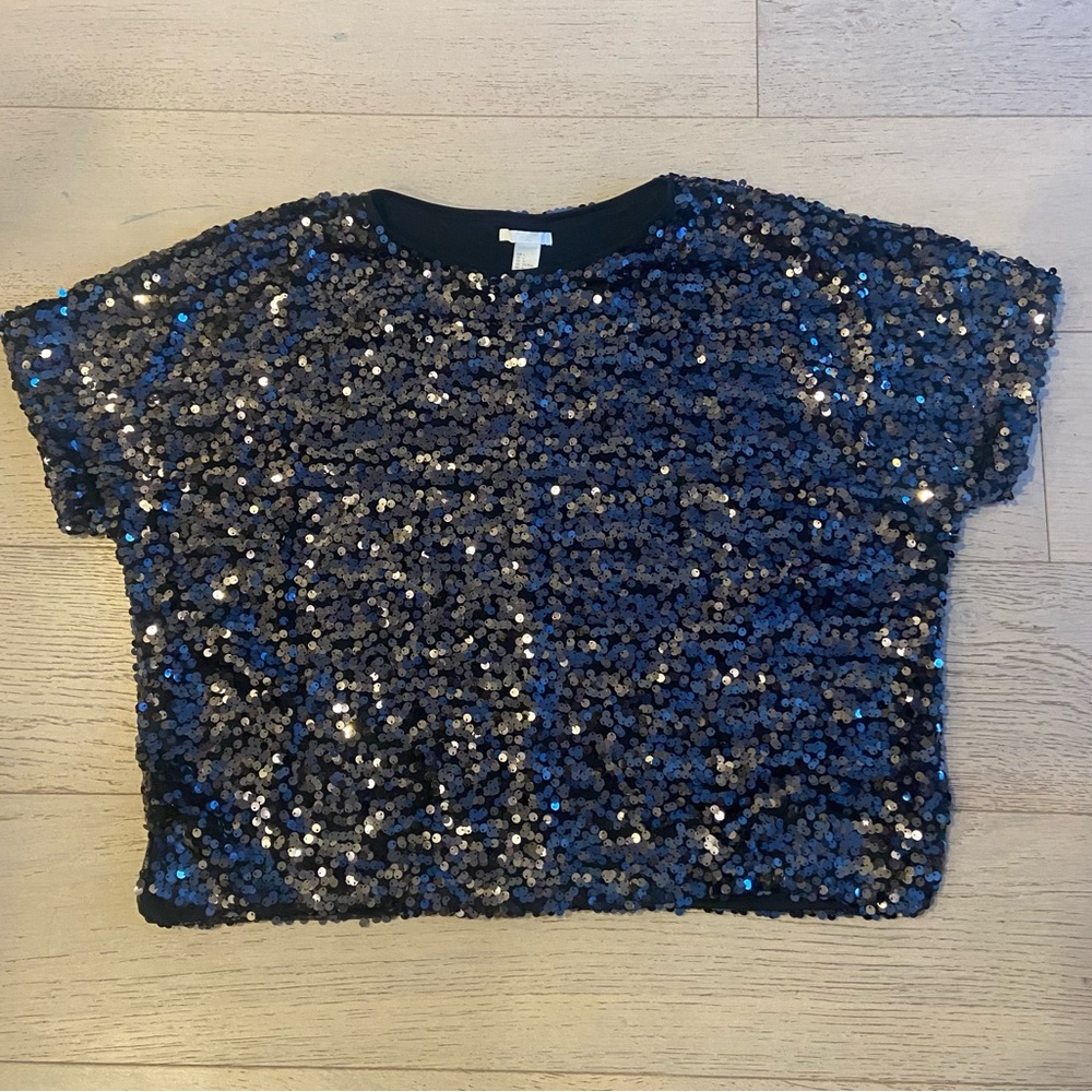 H&M Black Sequin Top Large Boxy Relaxed Party Evening NWOT - Picture 3 of 10